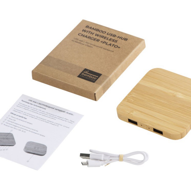 USB-хаб с беспроводной зарядкой из бамбука «Plato», 5 Вт. Артикул о591075
