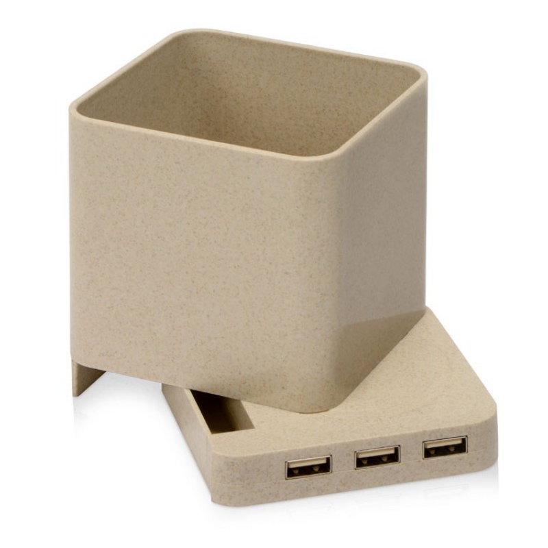 Настольный органайзер Cubic с функциями USB-хаба и беспроводной зарядки, натуральный. Артикул о788726