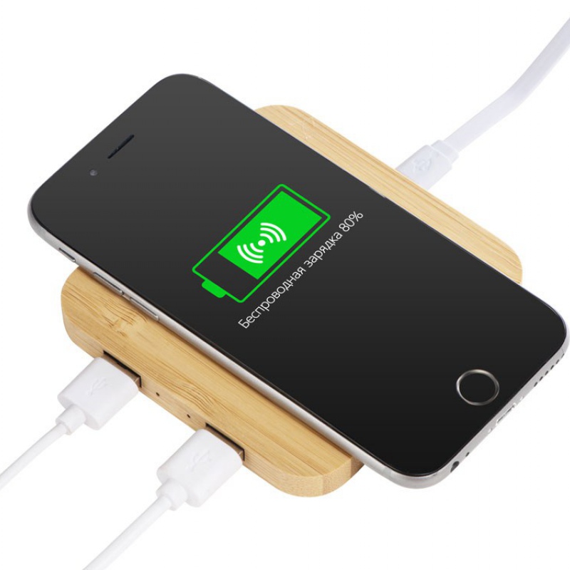 USB-хаб с беспроводной зарядкой из бамбука «Plato», 5 Вт. Артикул о591075