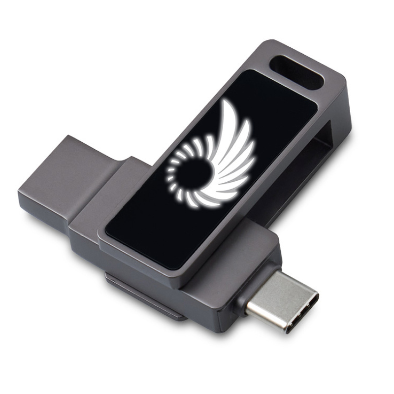USB3.0/ Type-C флешка 2в1 на 64 ГБ «Спинлайт» с подсветкой, темно-серый. Артикул о823773