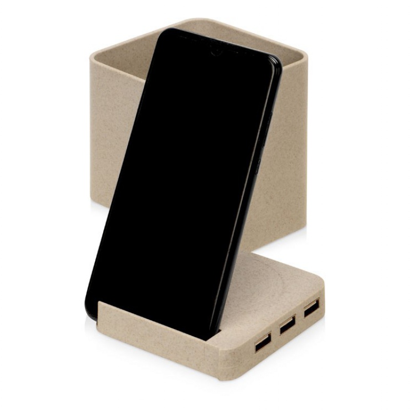 Настольный органайзер Cubic с функциями USB-хаба и беспроводной зарядки, натуральный. Артикул о788726