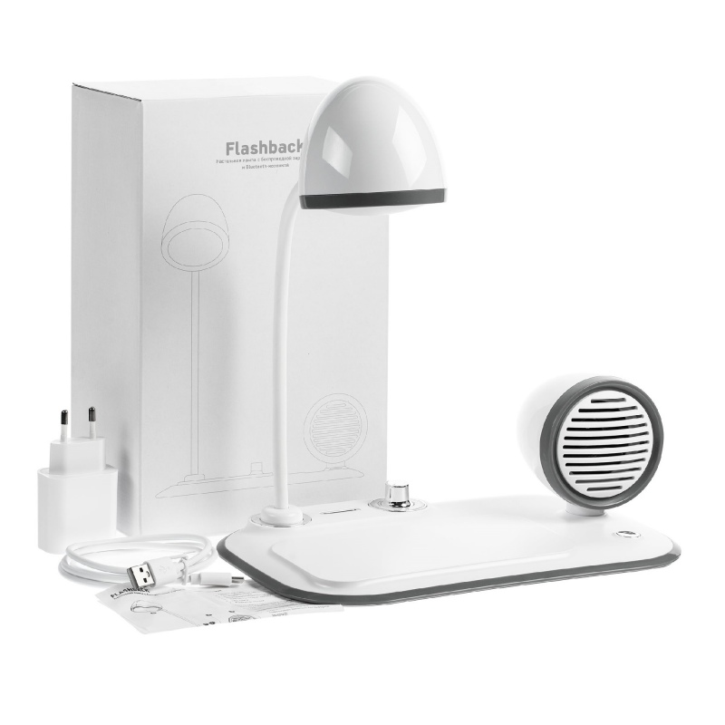 Лампа с колонкой и беспроводной зарядкой Flashback, белая. Артикул р16239.60