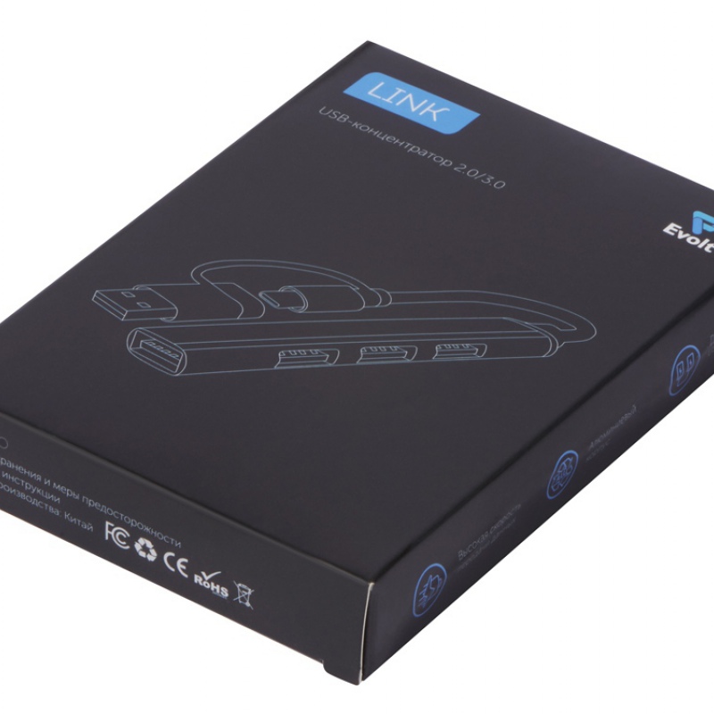 USB-хаб «Link» с коннектором 2-в-1 USB-C и USB-A, 2.0/3.0, серый, черный. Артикул о97565