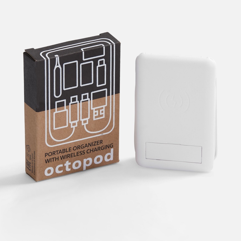 Органайзер с беспроводной зарядкой и набором адаптеров Octopod, белый, черный. Артикул р16877