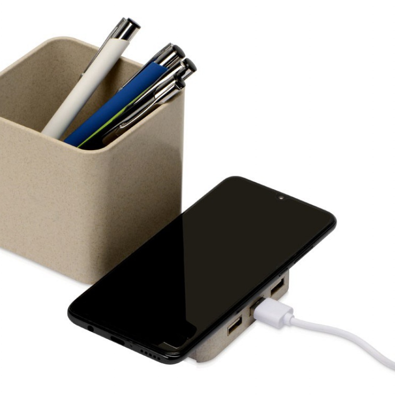 Настольный органайзер Cubic с функциями USB-хаба и беспроводной зарядки, натуральный. Артикул о788726