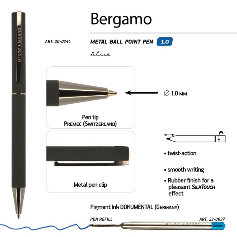 Ручка металлическая шариковая «Bergamo», серый, синий, черный. Артикул о20-024