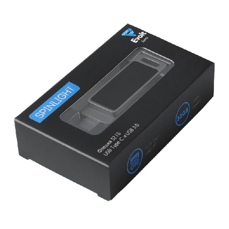 USB3.0/ Type-C флешка 2в1 на 64 ГБ «Спинлайт» с подсветкой, темно-серый. Артикул о823773